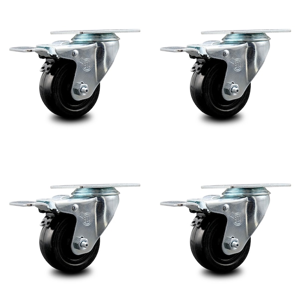 3 Inch Hard Rubber Wheel Swivel Top Plate Caster Set with Total Lock Brake SCC